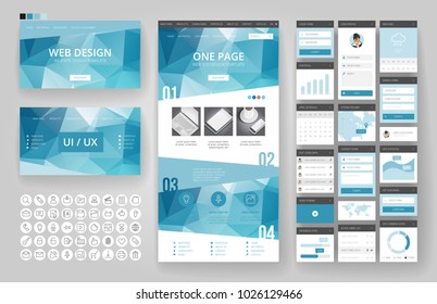 Website template, one page design, headers and interface elements. Low poly abstract backgrounds.
