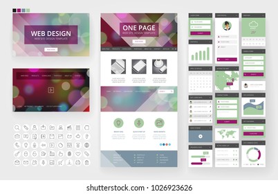 Website template, one page design, headers and interface elements. Bokeh defocused backgrounds.
