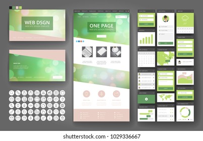 Website template, one page design, headers and interface elements. Bokeh defocused backgrounds.