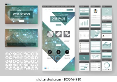 Website template, one page design, headers and interface elements. Technology HUD global connections backgrounds.
