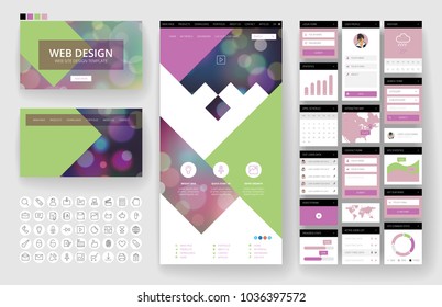 Website template, one page design, headers and interface elements. Bokeh defocused backgrounds.