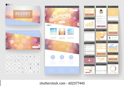 Website template, one page design, headers and interface elements. Travel agency, tropical summer resort.
