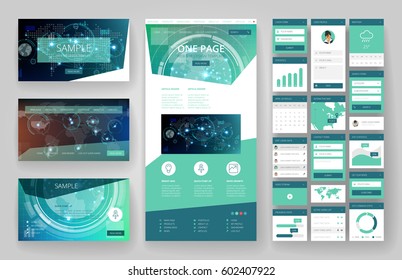 Website template, one page design, headers and interface elements. Technology HUD global connections backgrounds.