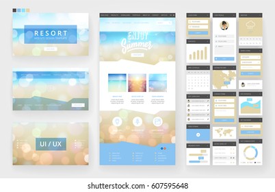 Website template, one page design, headers and interface elements. Travel agency, tropical summer resort.