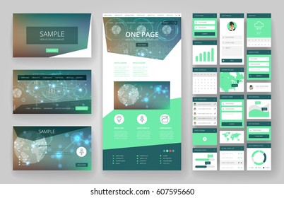 Website template, one page design, headers and interface elements. Technology HUD global connections backgrounds.