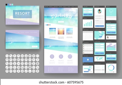 Website template, one page design, headers and interface elements. Travel agency, tropical summer resort.