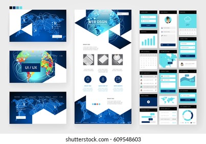 Website template, one page design, headers and interface elements. Global business technology connections.