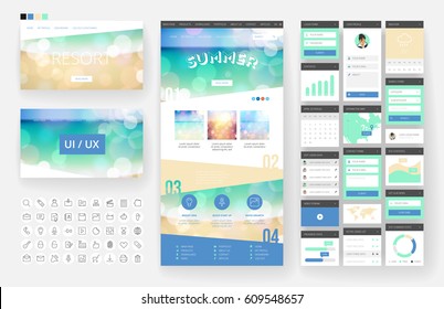 Website template, one page design, headers and interface elements. Travel agency, tropical summer resort.