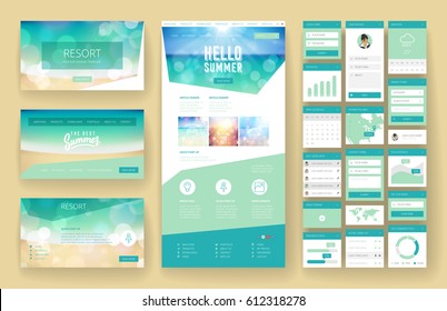 Website template, one page design, headers and interface elements. Travel agency, tropical summer resort.