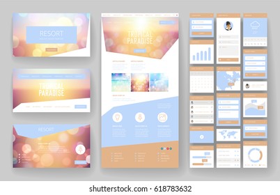 Website template, one page design, headers and interface elements. Travel agency, tropical summer resort.