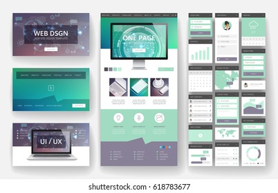 Website template, one page design, headers and interface elements. Technology HUD global connections backgrounds.