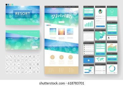 Website template, one page design, headers and interface elements. Travel agency, tropical summer resort.