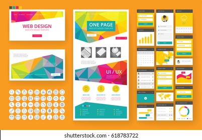 Website template, one page design, headers and interface elements. Low poly abstract backgrounds.