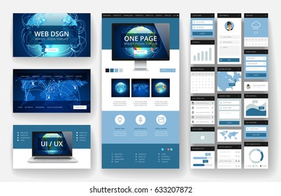 Website template, one page design, headers and interface elements. Global business technology connections.