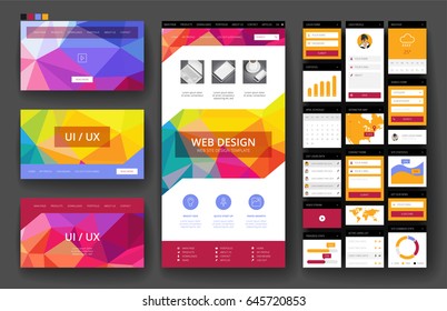 Website template, one page design, headers and interface elements. Low poly abstract backgrounds.