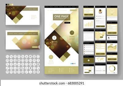 Website template, one page design, headers and interface elements. Bokeh defocused backgrounds.