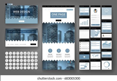 Plantilla de sitio web, diseño de una página, encabezados y elementos de interfaz. Conocimientos de ciudad de negocios.