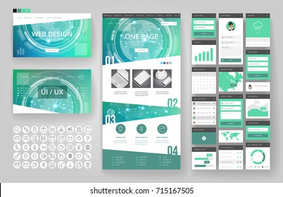 Website template, one page design, headers and interface elements. Technology HUD global connections backgrounds.