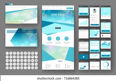 Website template, one page design, headers and interface elements. Bokeh defocused backgrounds.