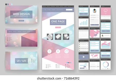 Website template, one page design, headers and interface elements. Bokeh defocused backgrounds.