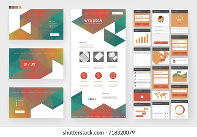 Website template, one page design, headers and interface elements. Low poly abstract backgrounds.