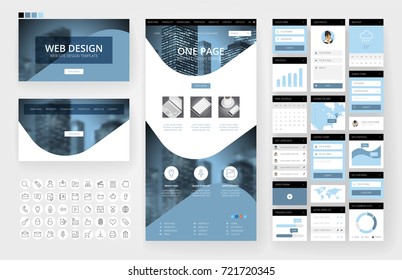 Website template, one page design, headers and interface elements. Business city backgrounds.