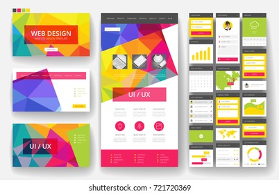 Website template, one page design, headers and interface elements. Low poly abstract backgrounds.