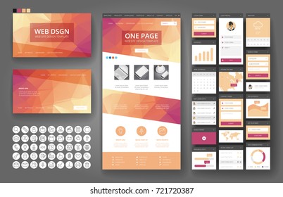Website template, one page design, headers and interface elements. Low poly abstract backgrounds.