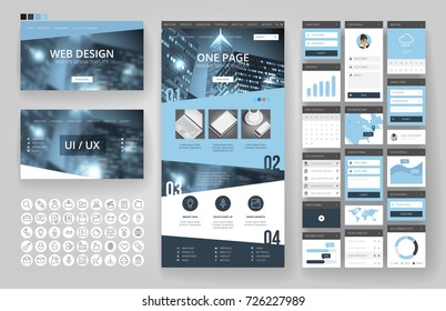 Website template, one page design, headers and interface elements. Business city backgrounds.