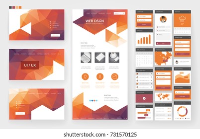 Website template, one page design, headers and interface elements. Low poly abstract backgrounds.