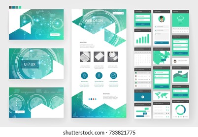 Website template, one page design, headers and interface elements. Technology HUD global connections backgrounds.