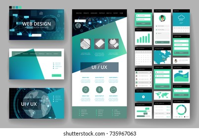 Website template, one page design, headers and interface elements. Technology HUD global connections backgrounds.