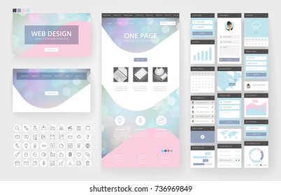Website template, one page design, headers and interface elements. Bokeh defocused backgrounds.