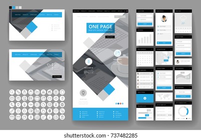 Website template, one page design, headers and interface elements. Office stationery background.