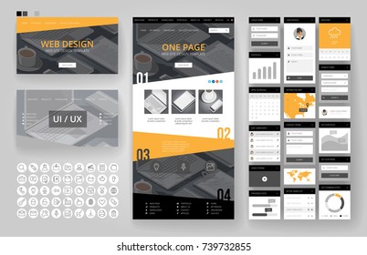 Website template, one page design, headers and interface elements. Office stationery background.