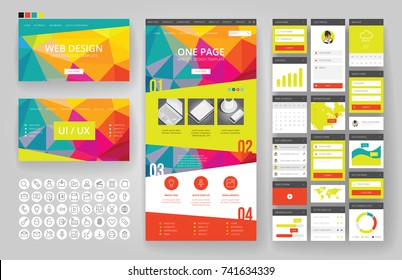 Website template, one page design, headers and interface elements. Low poly abstract backgrounds.