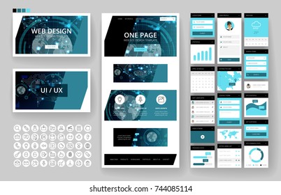 Website template, one page design, headers and interface elements. Technology HUD global connections backgrounds.