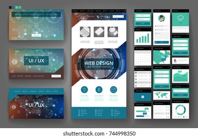 Website template, one page design, headers and interface elements. Technology HUD global connections backgrounds.