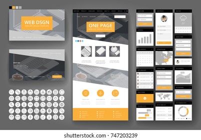 Website template, one page design, headers and interface elements. Office stationery background.