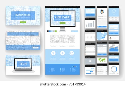 Website template, one page design, headers and interface elements. Industrial blueprint backgrounds.