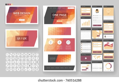 Website template, one page design, headers and interface elements. Low poly abstract backgrounds.