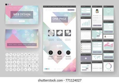 Website template, one page design, headers and interface elements. Bokeh defocused backgrounds.