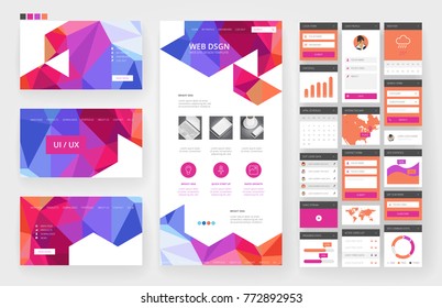 Website template, one page design, headers and interface elements. Low poly abstract backgrounds.