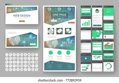 Website template, one page design, headers and interface elements. Technology HUD global connections backgrounds.