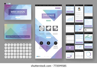 Website template, one page design, headers and interface elements. Low poly abstract backgrounds.