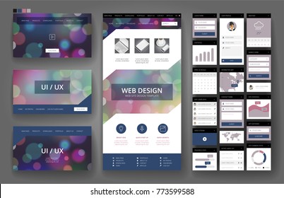 Website template, one page design, headers and interface elements. Bokeh defocused backgrounds.