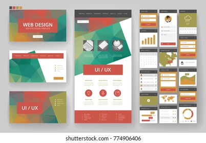 Website template, one page design, headers and interface elements. Low poly abstract backgrounds.