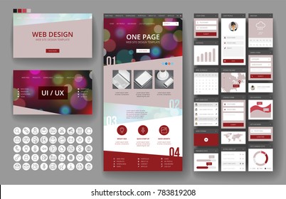 Website template, one page design, headers and interface elements. Bokeh defocused backgrounds.