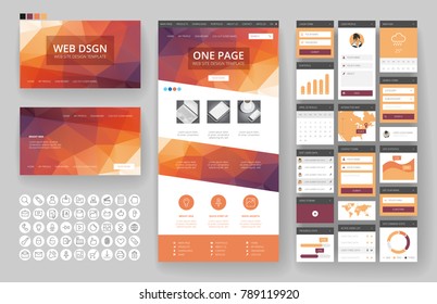 Website template, one page design, headers and interface elements. Low poly abstract backgrounds.