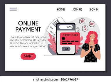 Website template for online payment application. Young woman happy to pay for goods with credit cart and smartphone. Pay per click. Ui ux design. Stock flat concept illustration for landing page.